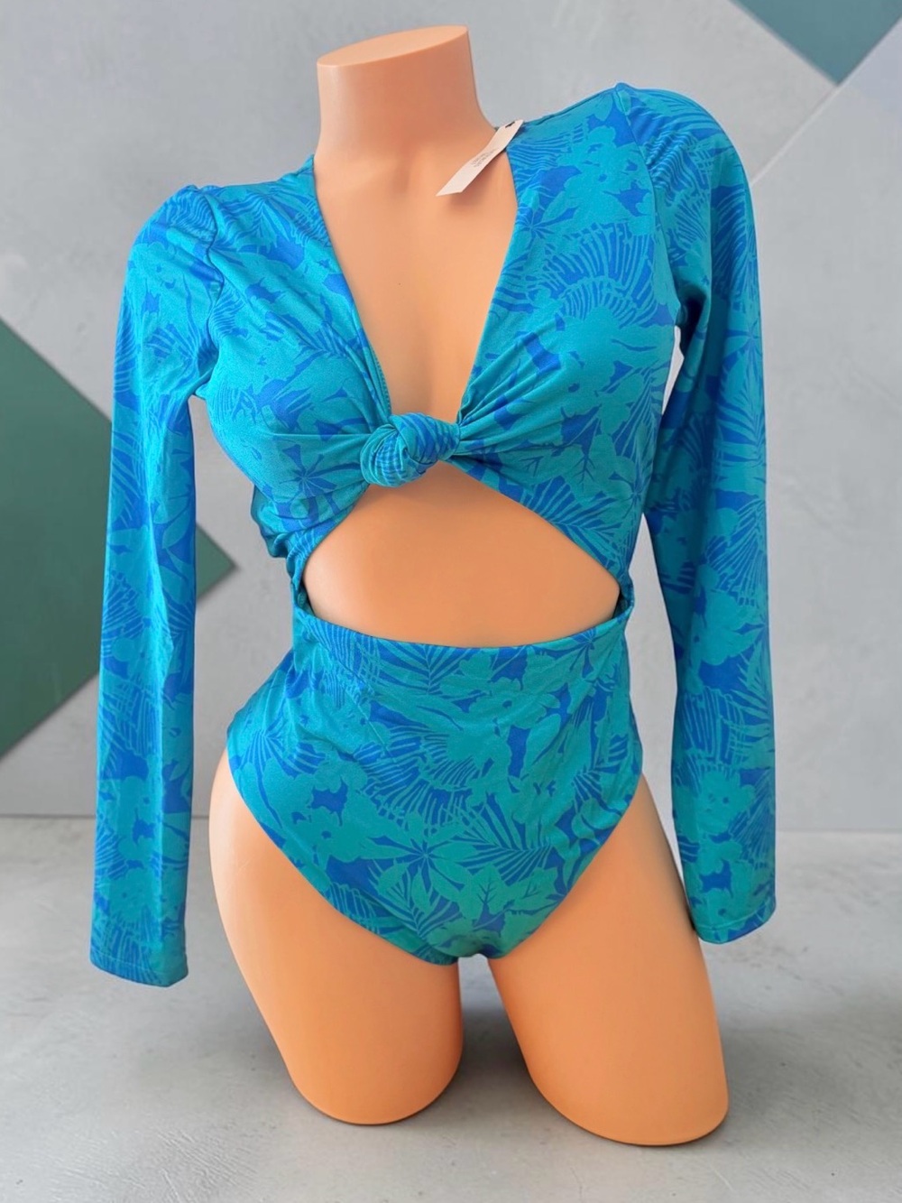 Victoria's Secret Tropical Blue Cutout One Piece Swimsuit Long Sleeve Large
